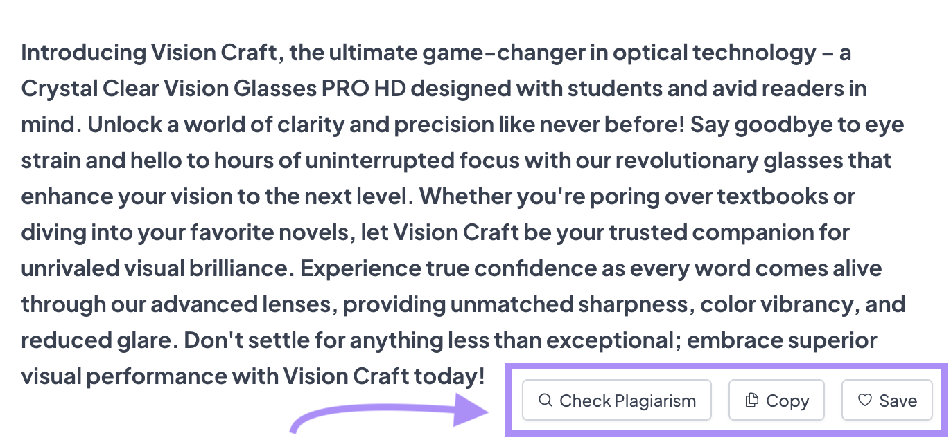 A draft product description for "Vision Craft Pro HD" generated by AI Writing Assistant