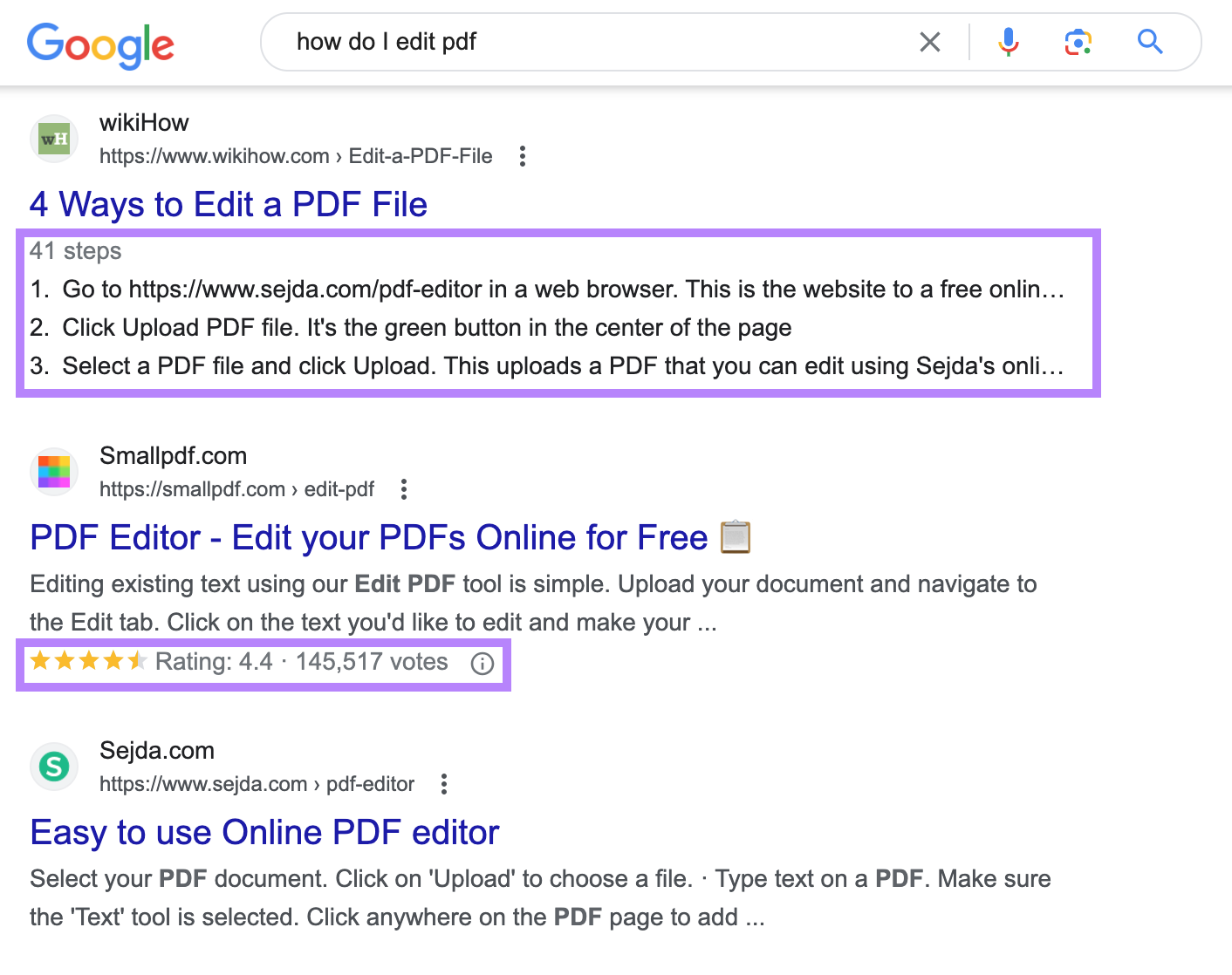 an example of different SERP features in Google SERP for "how do i edit pdf"