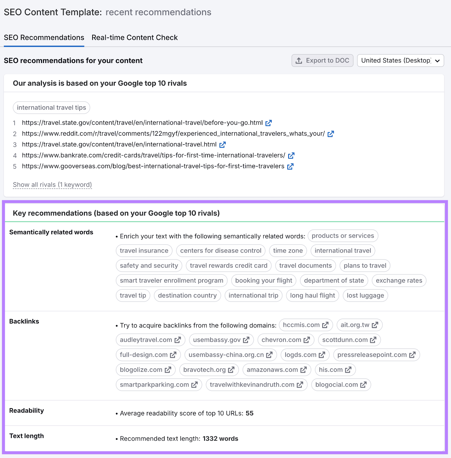 SEO recommendations like semantically related keywords, suggested backlink sources, readability level, and text length