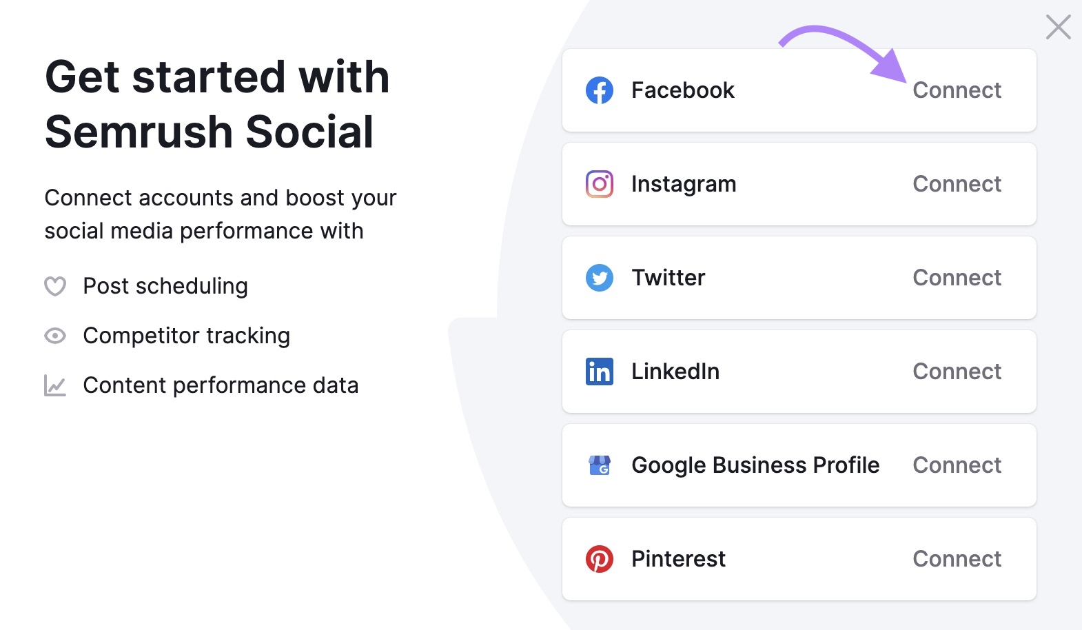 "Get Started with Semrush Social" page with a list of social media channels you can connect and "Facebook" clicked.