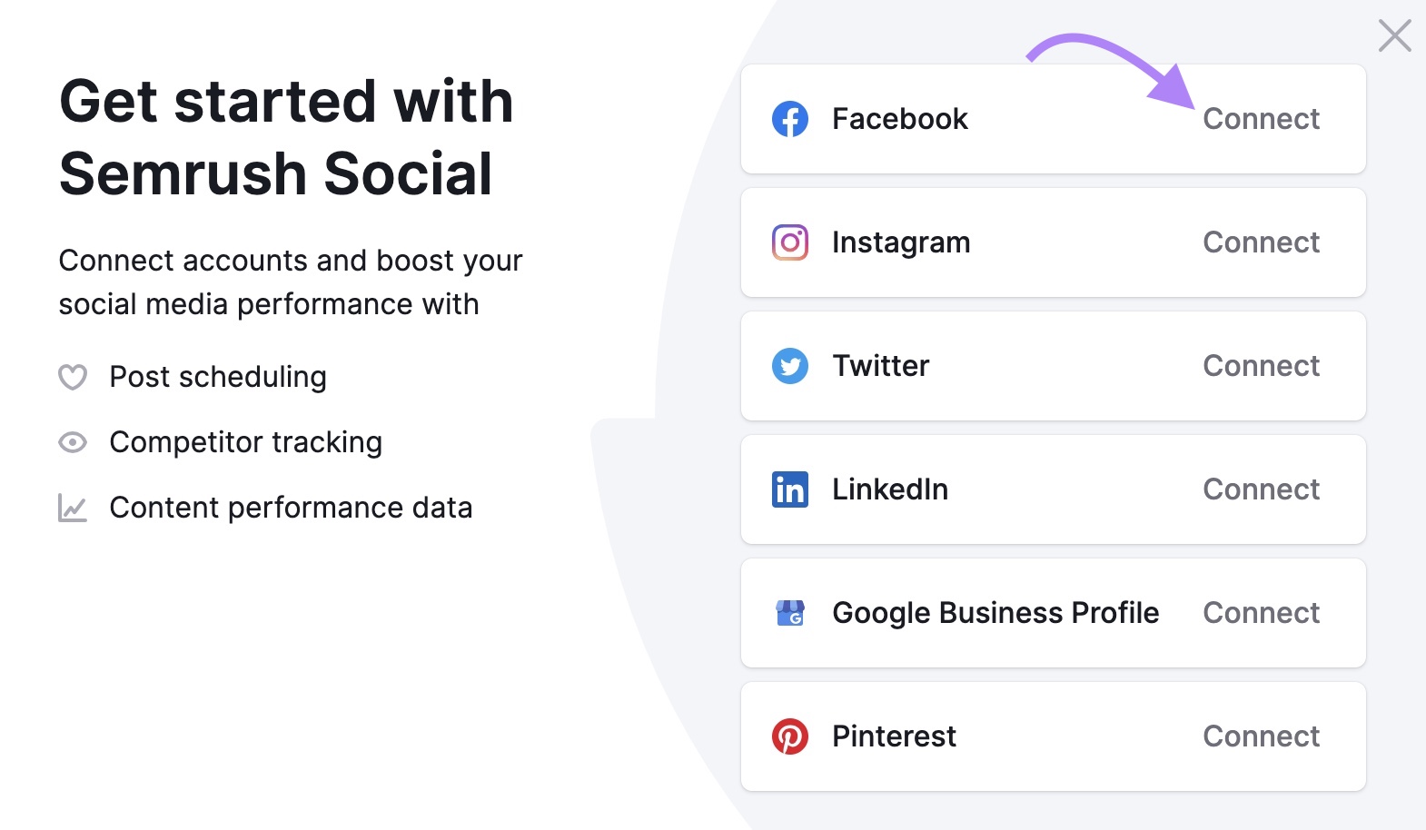 "Get Started with Semrush Social" leafage   with a database  of societal  media channels you tin  link  and "Facebook" clicked.