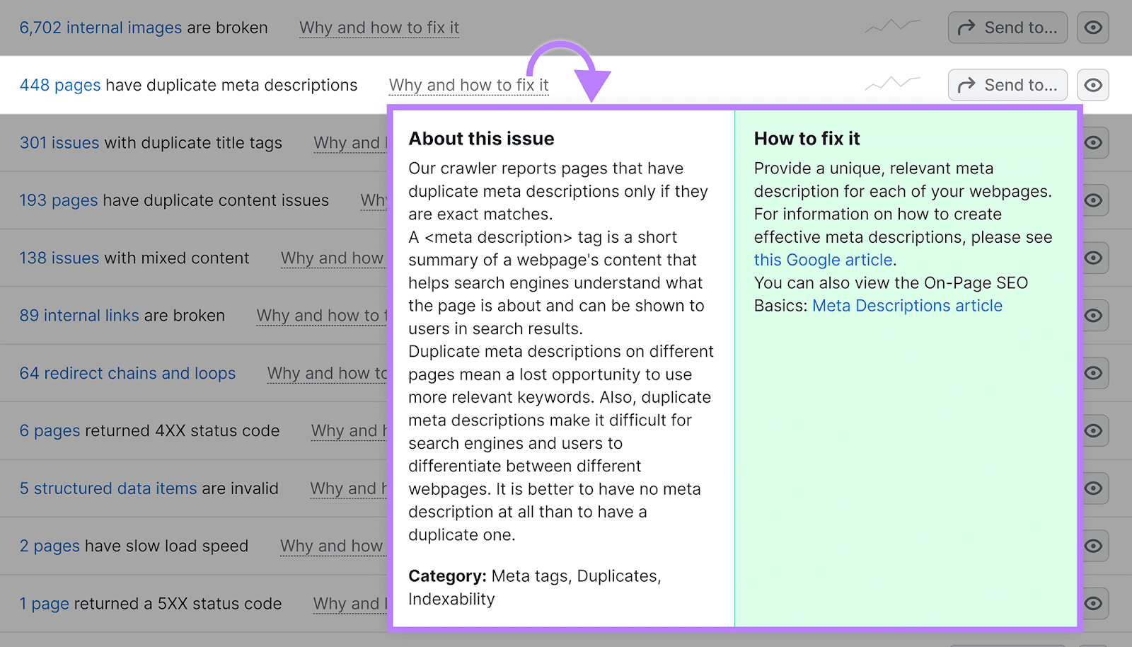 Arrow pointing from Why and how to fix it link to popup with issue details