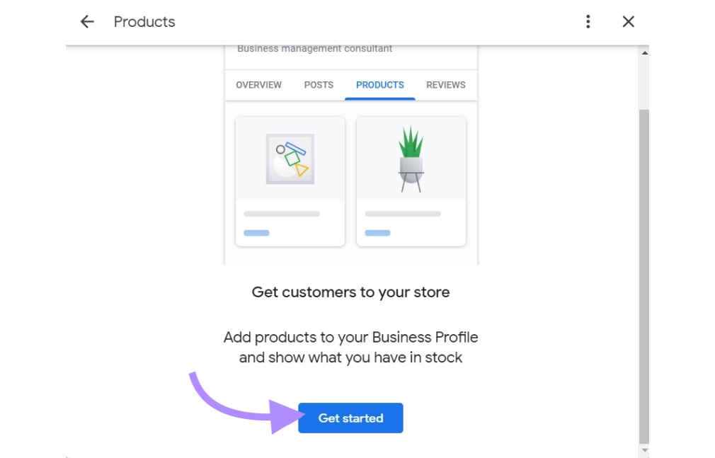 “Get started” button.selected under "Products" window