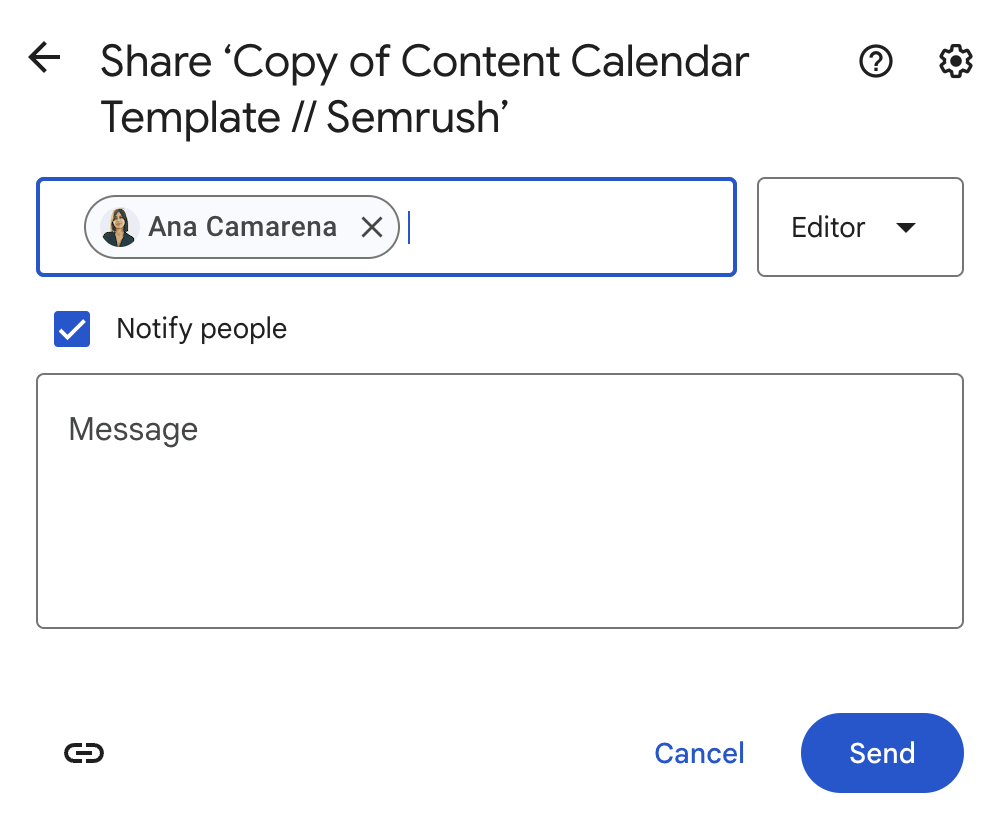 Google Drive stock  interface for "Copy of Content Calendar Template // Semrush," showing Ana Camarena arsenic  the recipient