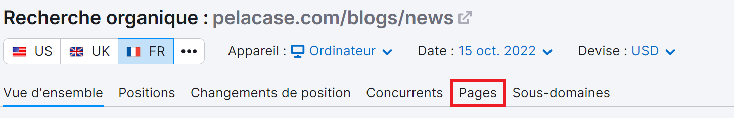 Recherche organique, onglet Pages