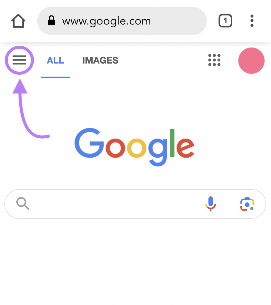 Google homepage with the hamburger icon highlighted in purple