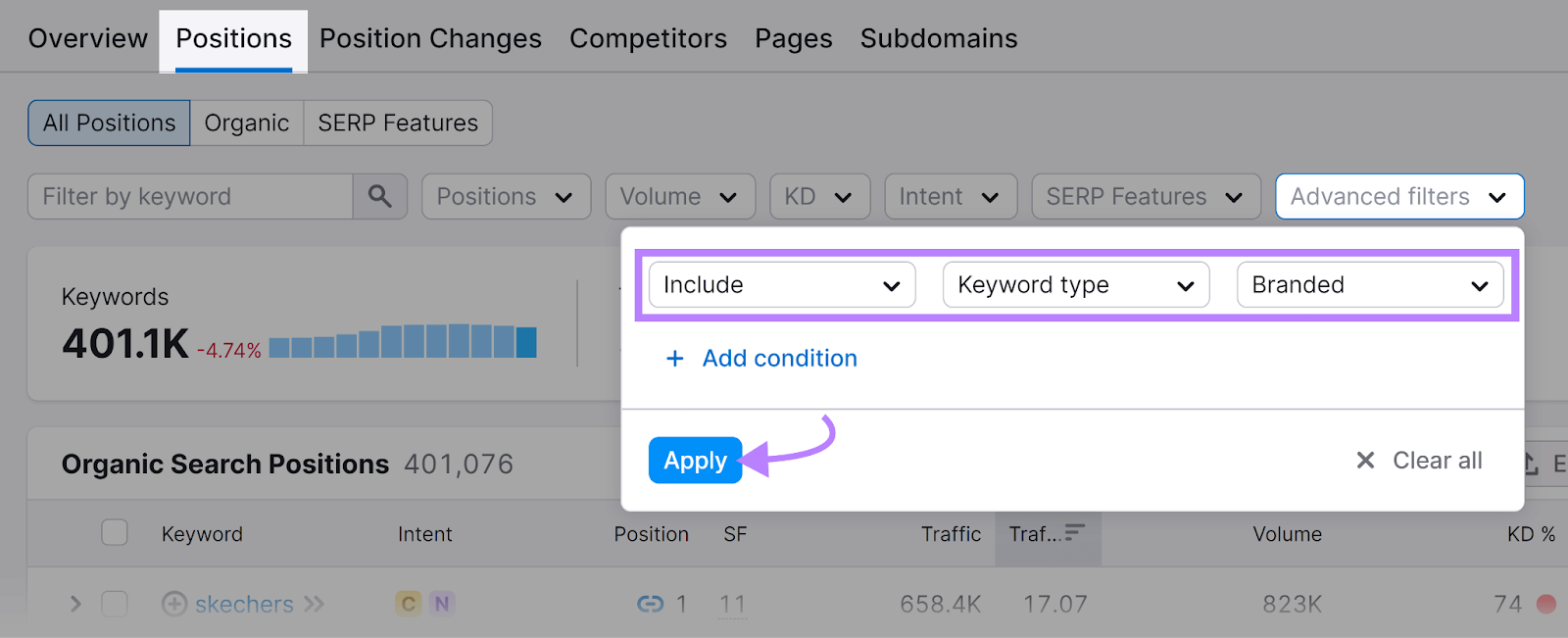 Positions tab selected, Advanced filters clicked and set to include Branded keywords, and arrow pointing to Apply button