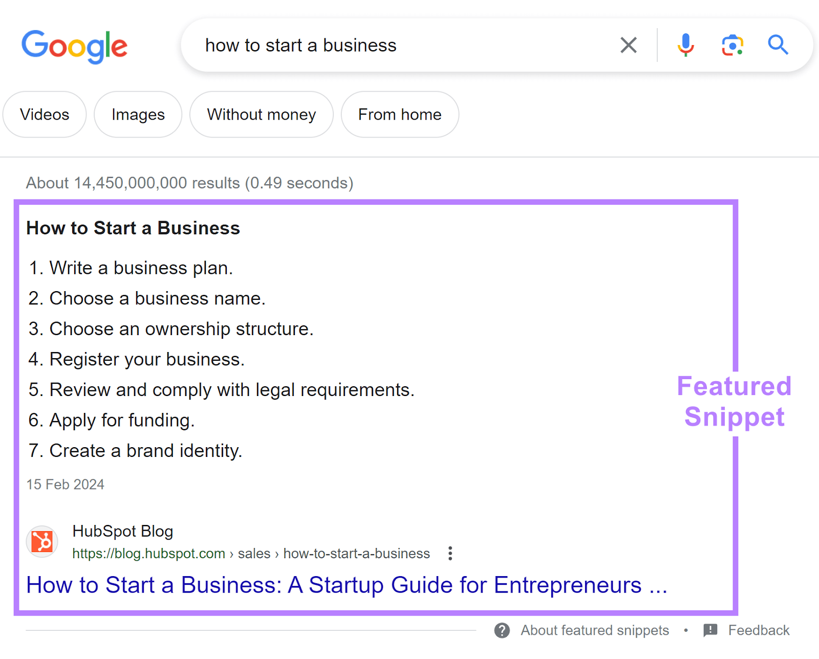 A featured snippet on Google SERP for "how to start a business" query