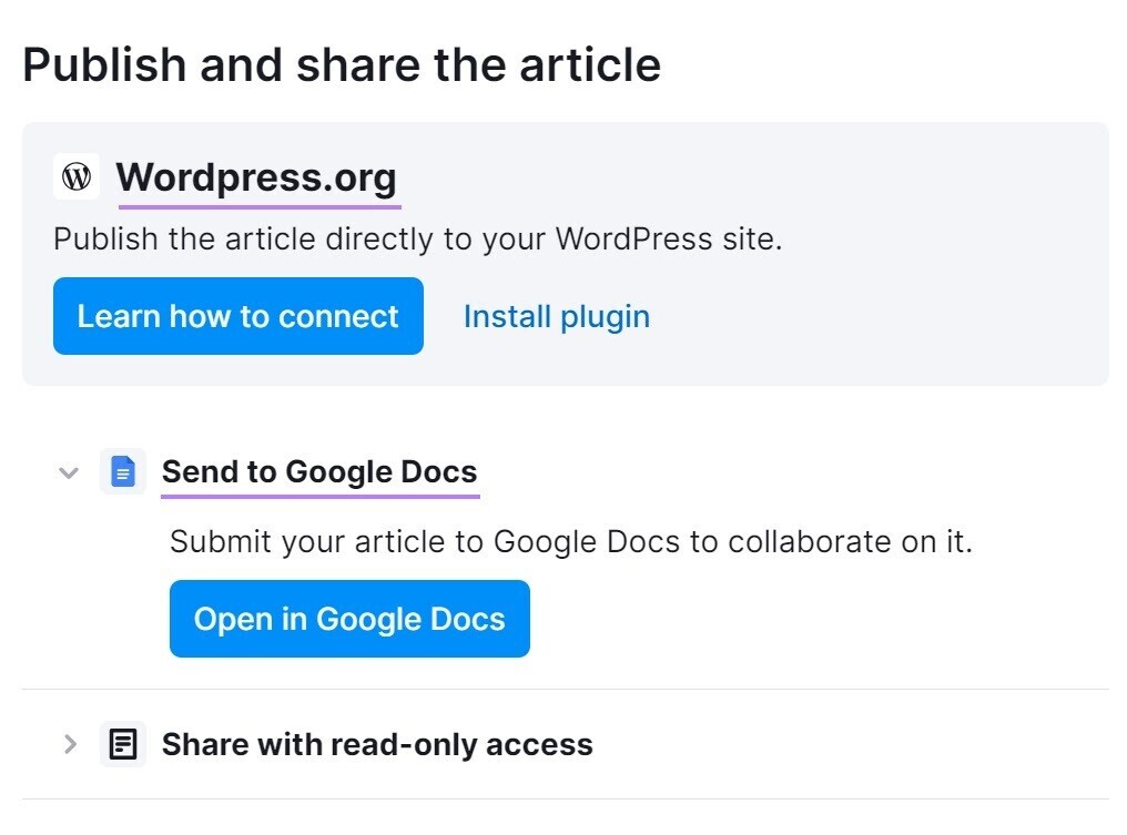Fenêtre contextuelle « Publier et partager l'article » dans ContentShake AI