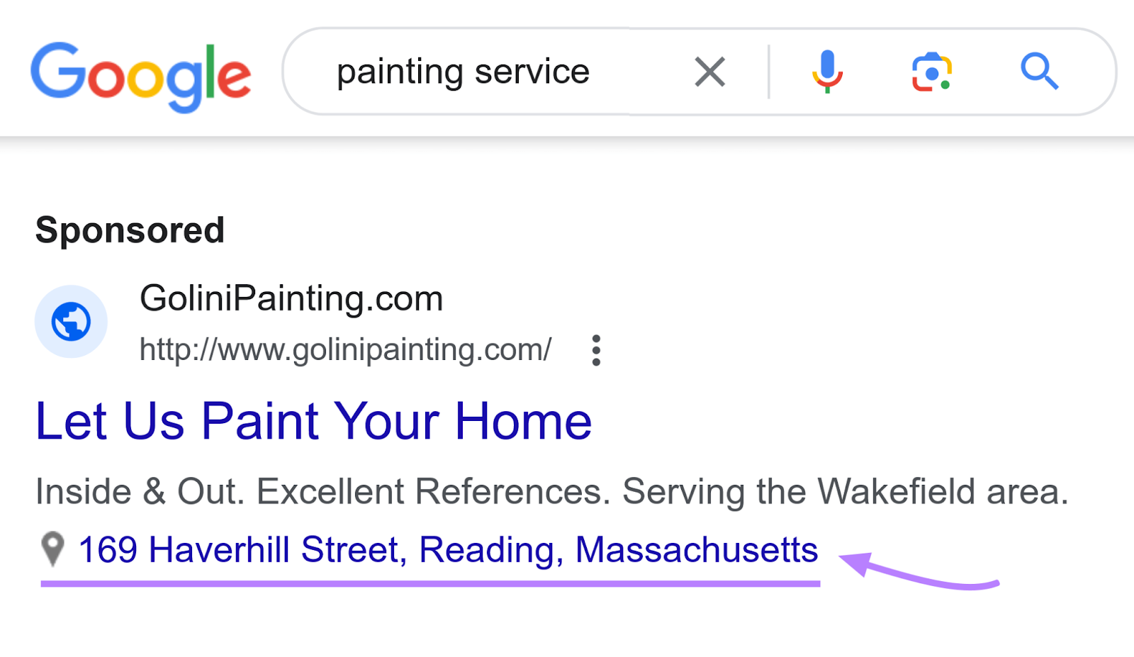 GoliniPainting.com advertisement  connected  Google SERP with the code  listed