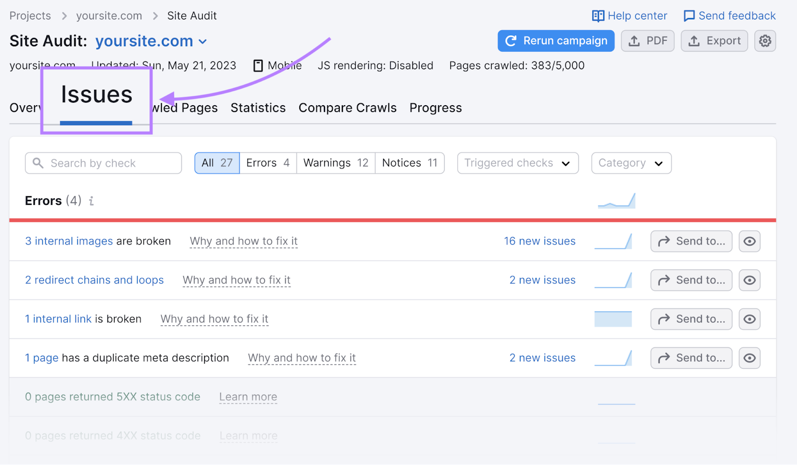 “Issues” tab in Site Audit