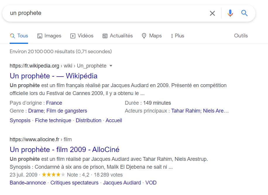 résultat Google avec rich snippet film