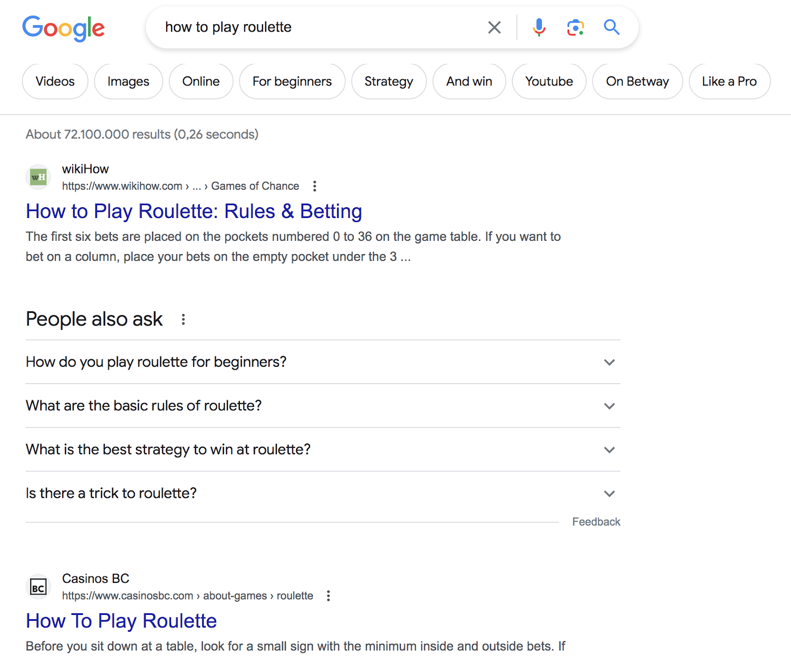 Google's SERP for "how to play roulette" query