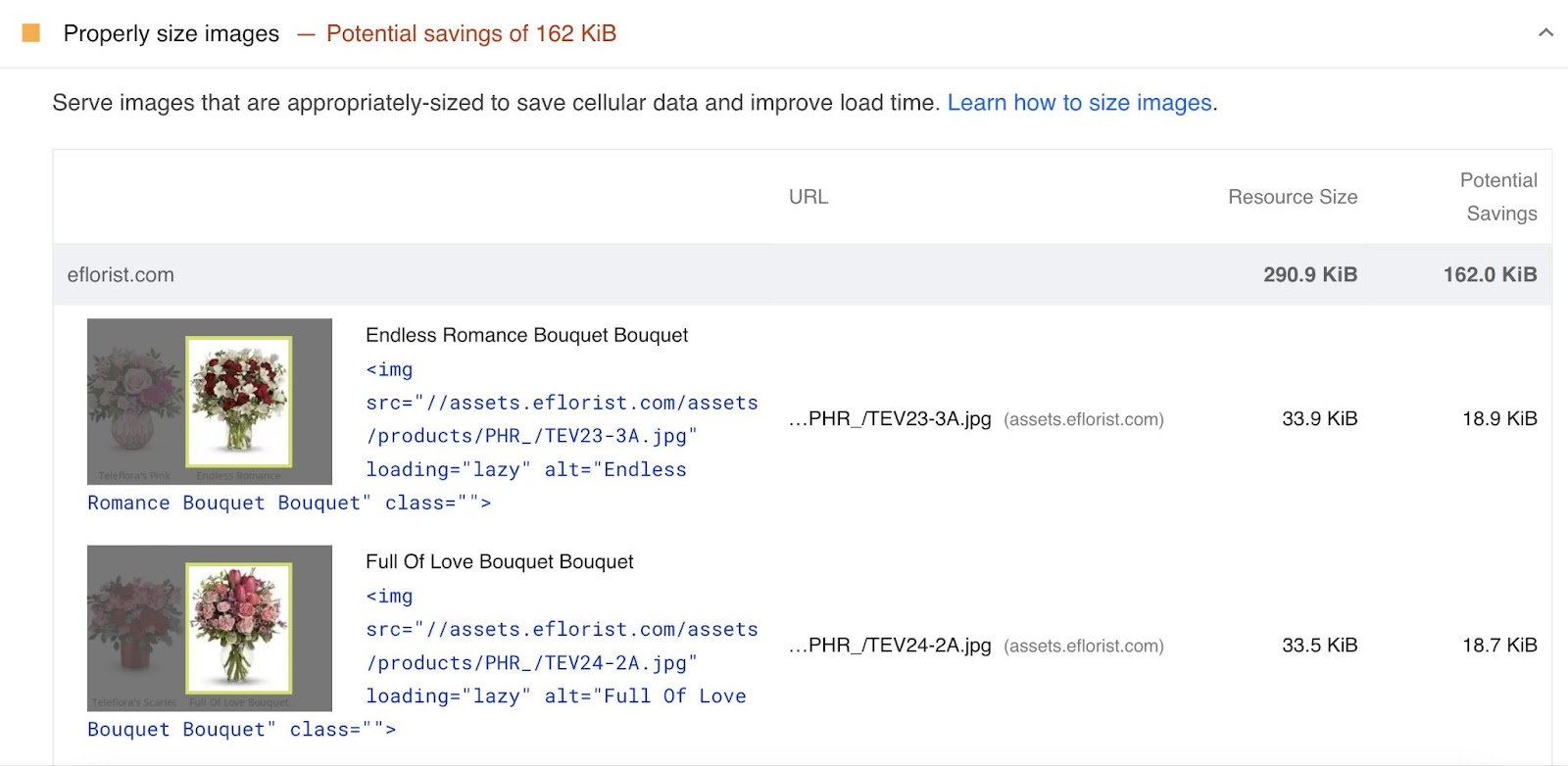 “Properly size images” recommendation in PageSpeed Insights