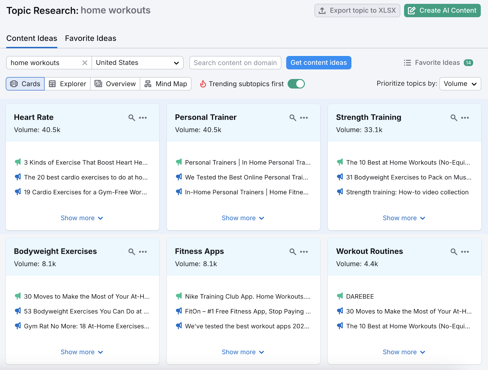 Topic Research tool shows idea cards for blog content based on a keyword.