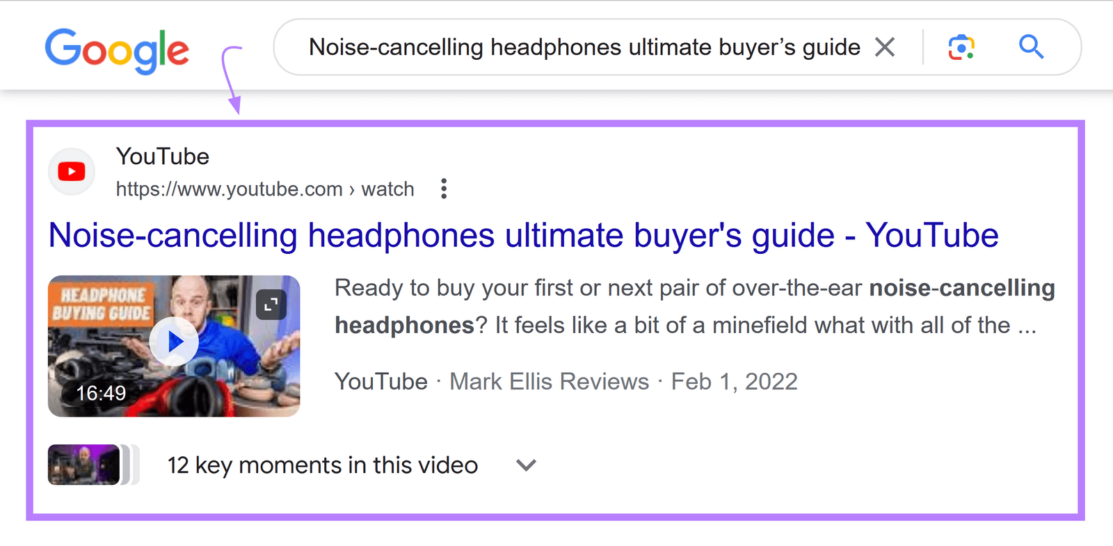 Video result on Google SERP for "noise-canceling headphones ultimate buyer’s guide" search