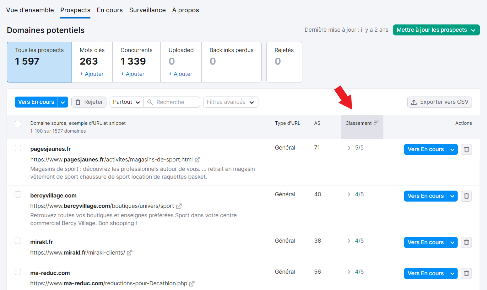 Outil Link Building de Semrush, onglet Prospects