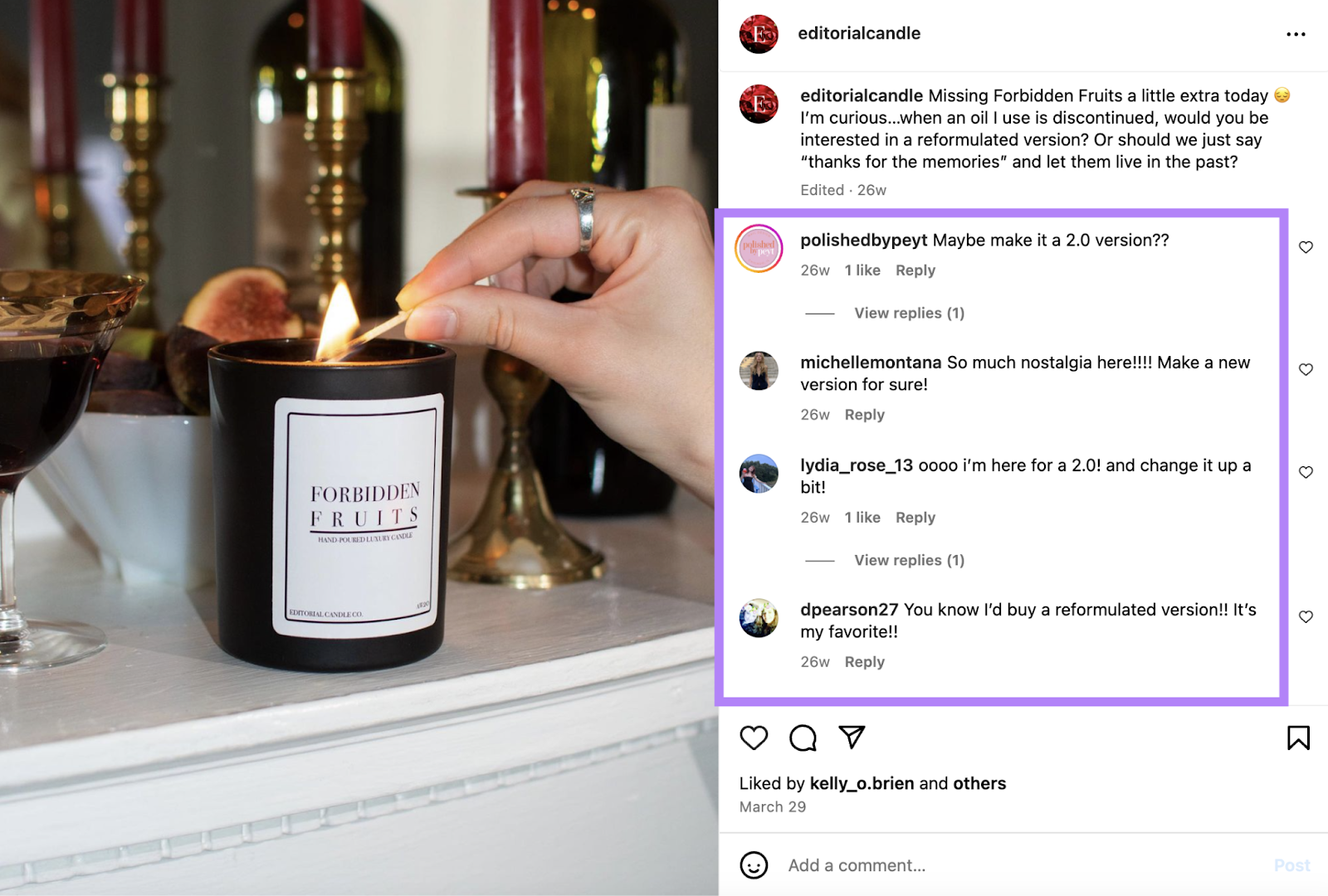 Instagram post comments show support for a product change