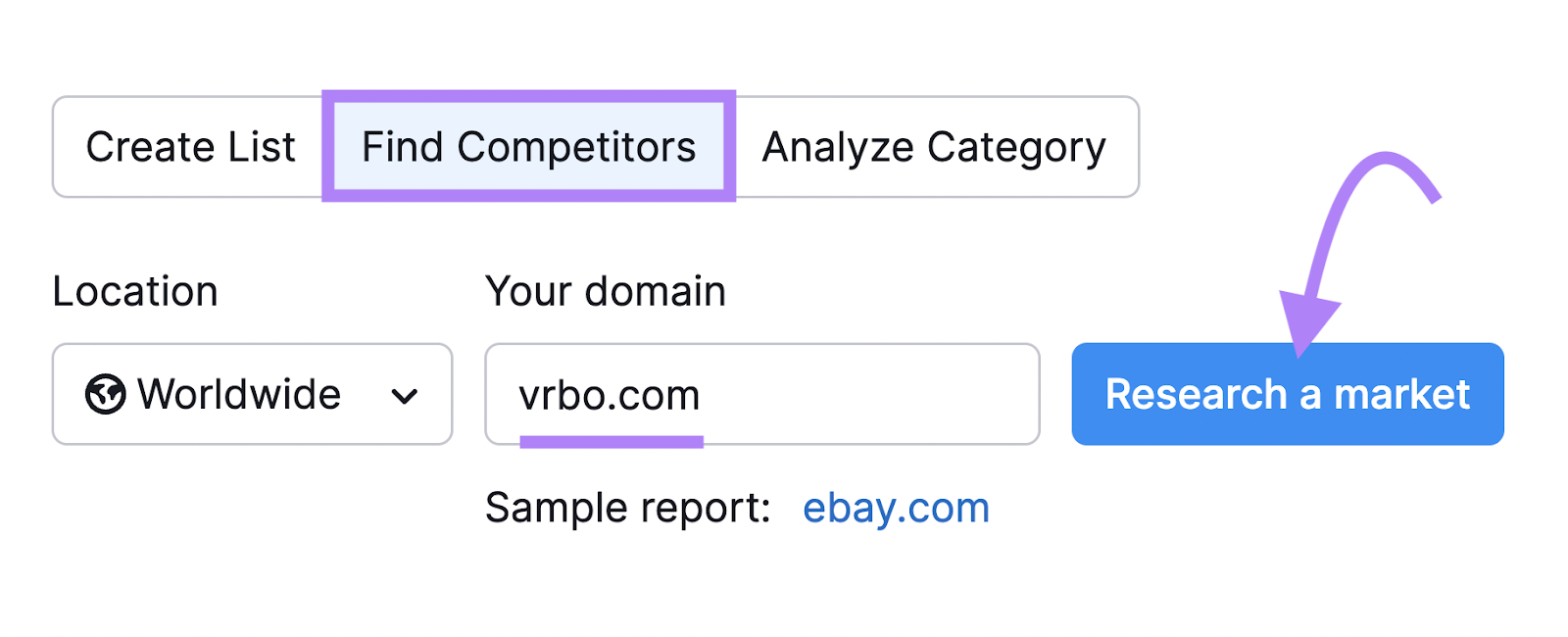 Search screen of Market Explorer tool by Semrush with 'Find Competitors' tab highlighted and vrbo.com ready to be explored