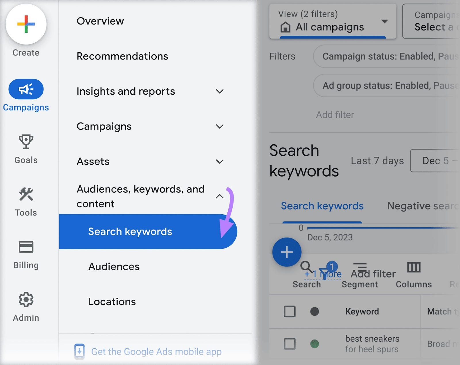 Search keywords highlighted in Google Ads sidebar