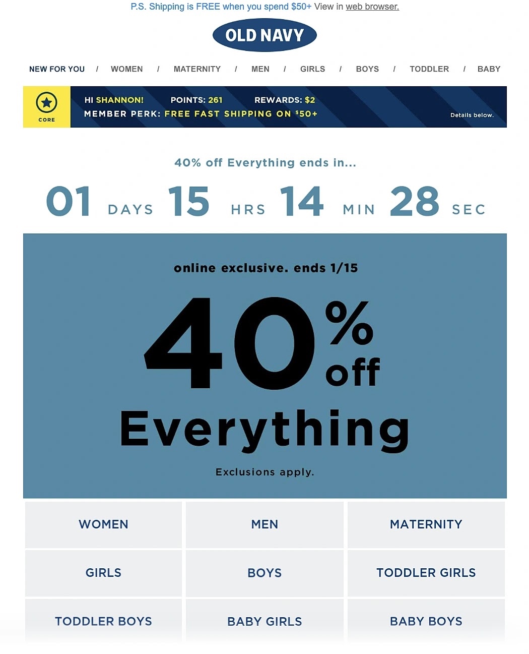 Old Navy email showing an online exclusive discount.