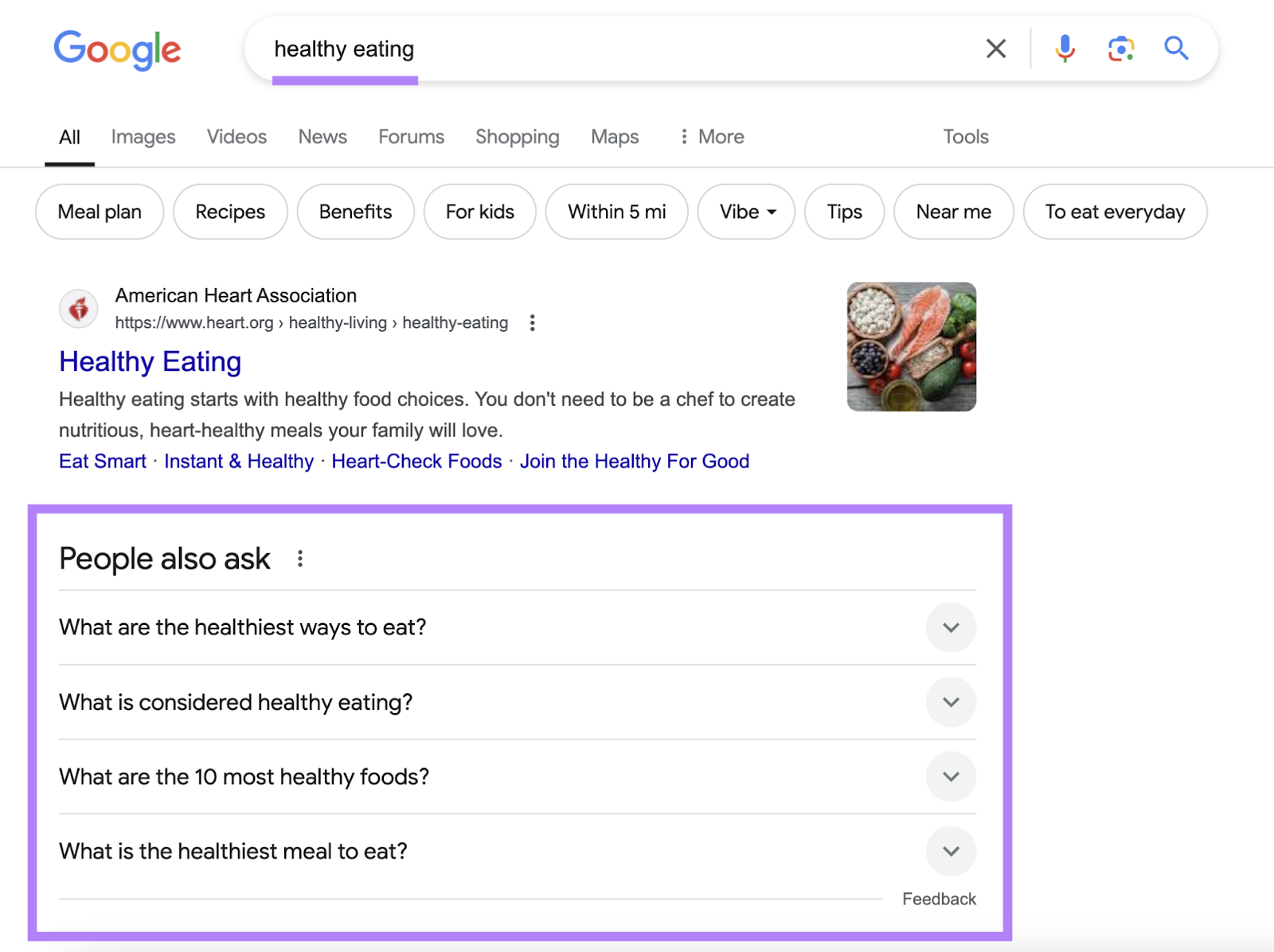 People Also Ask box for the query "healthy eating"