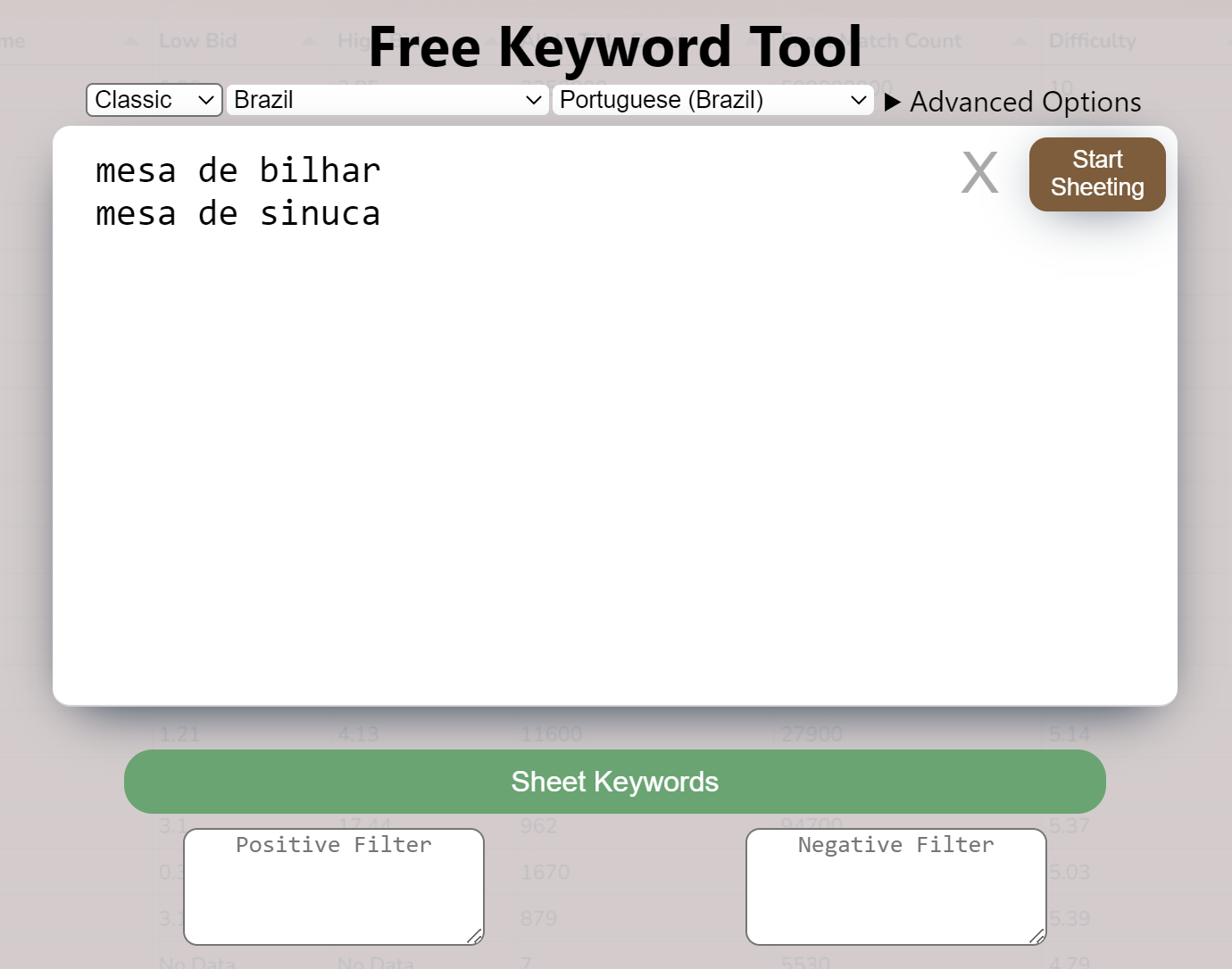 volume de pesquisa de palavras-chave - tela do keyword sheeter