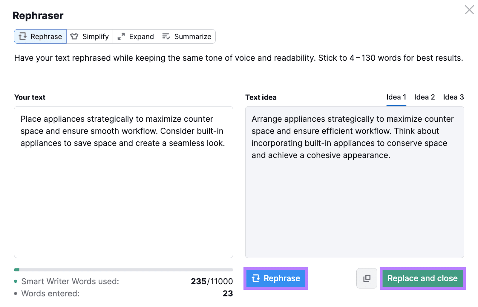 'Rephrase' and 'Replace and close' buttons highlighted connected  Rephraser dashboard successful  Semrush SEO Writing Assistant
