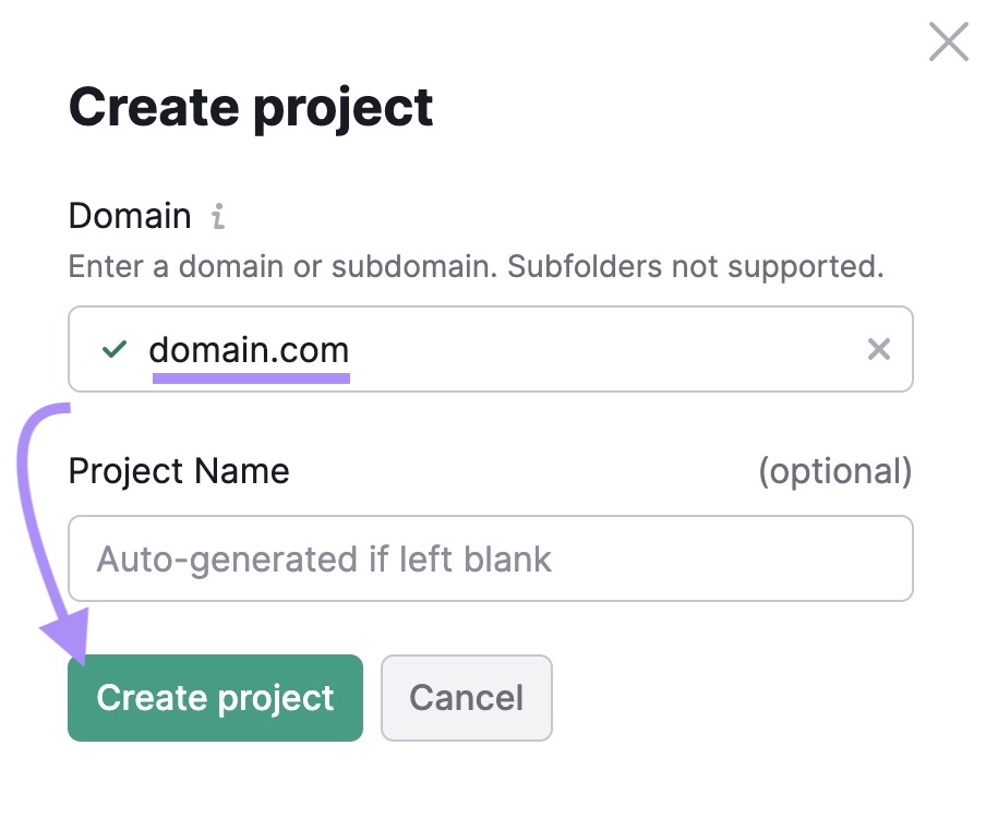 enter domain and project name to Link Building Tool