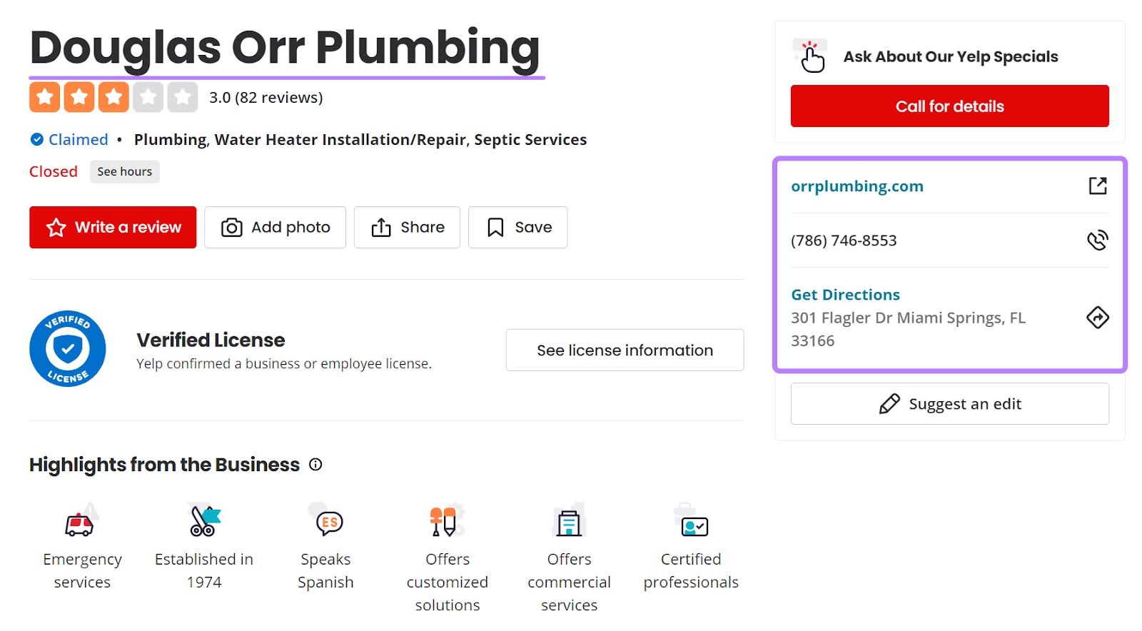 Douglas Orr Plumbing listing on Yelp, with website, phone number and address highlighted
