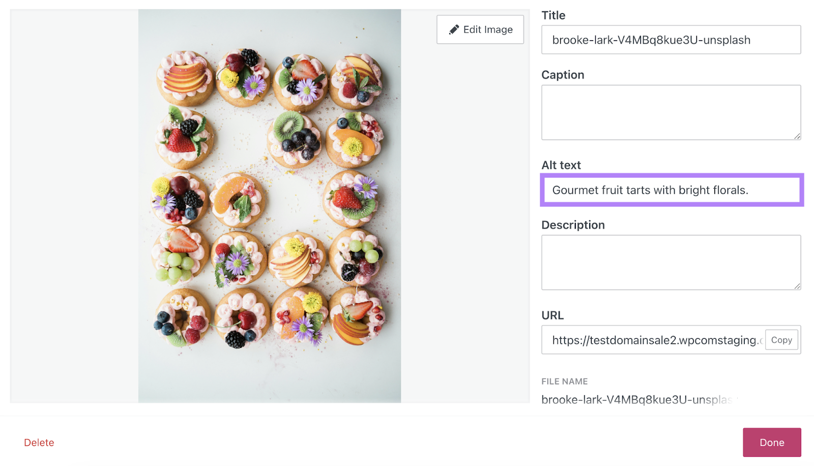 Alt text field is populated in the WordPress image editor.