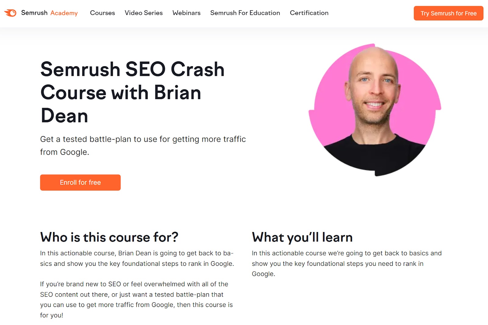 Semrush SEO Crash Course with Brian Dean landing page