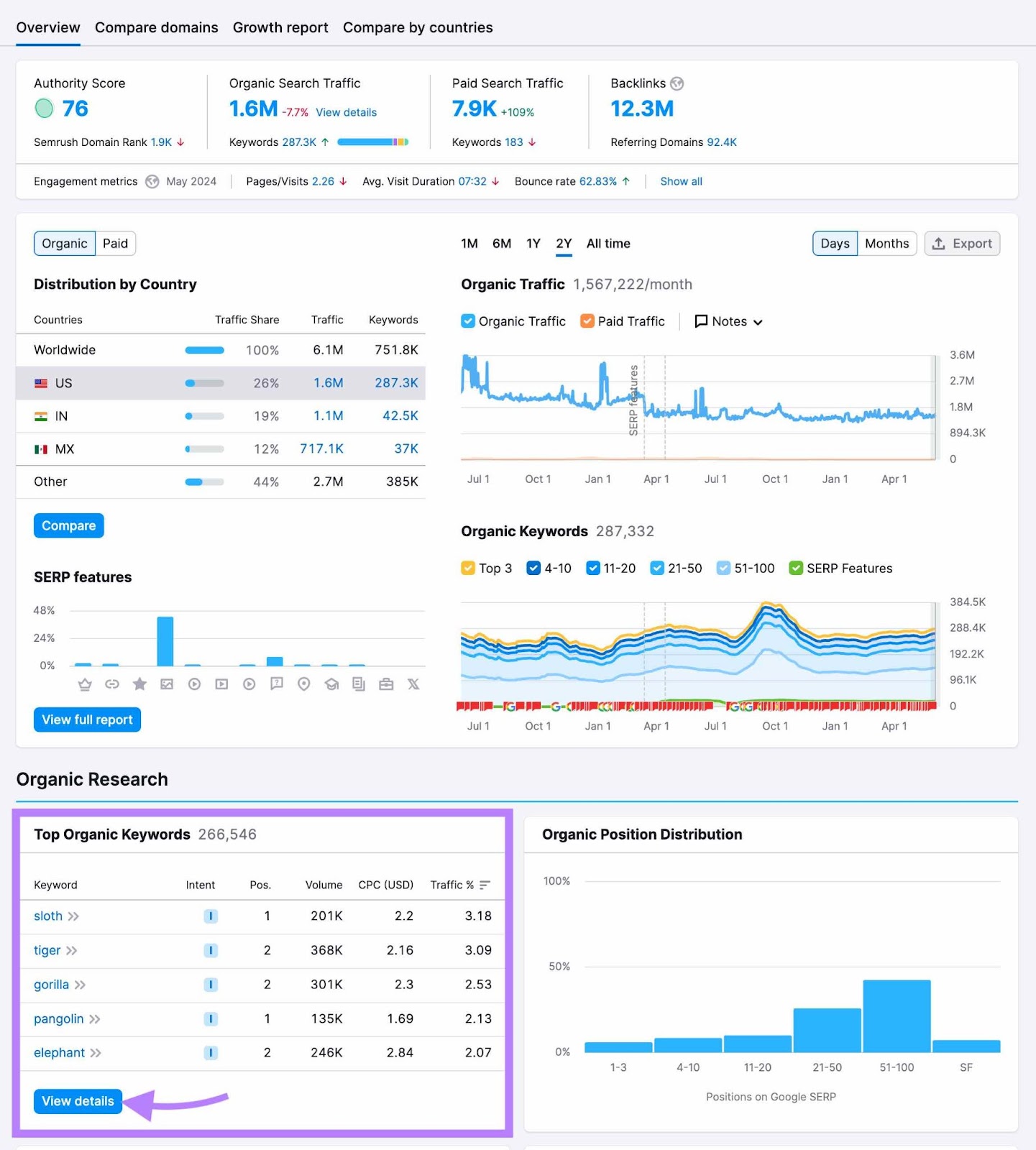 Domain Overview Report showing information  and charts for traffic, keywords, distribution, etc. with "Top Organic Keywords" highlighted.