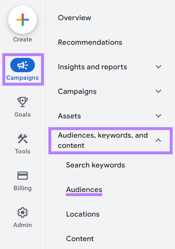 navigating to "Audiences" in Google Ads account