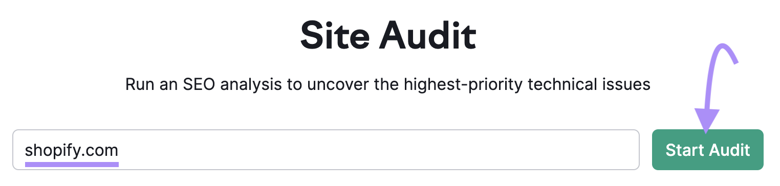 "shopify.com" entered in Site Audit search bar