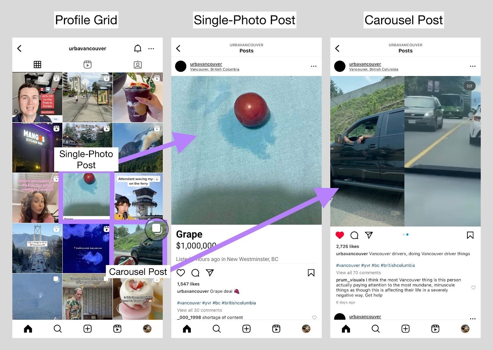 an image showing examples of Instagram´s profile grid, single-photo post and carousel post