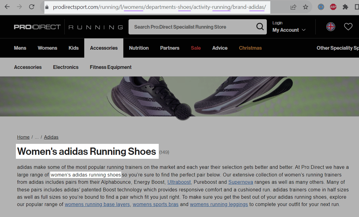 "Women's adidas Running Shoes" category page, including keywords in the URL, page title and description