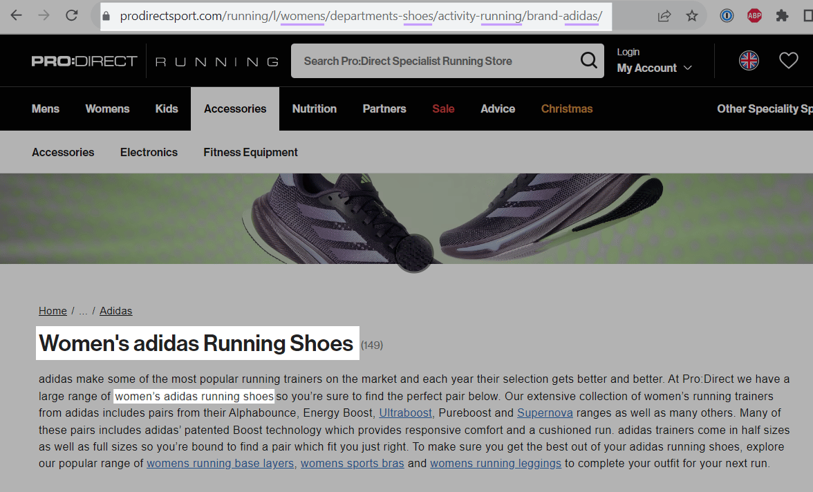 "Women's adidas Running Shoes" class  page, including keywords successful  the URL, leafage   rubric  and description