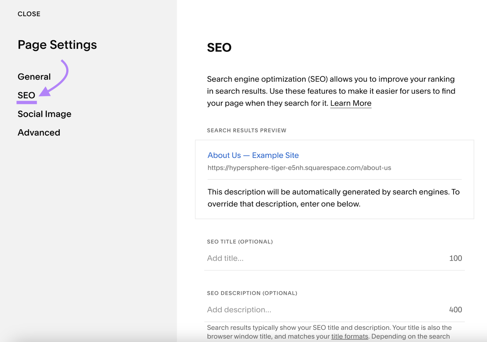 SEO window in Page Settings of Squarespace