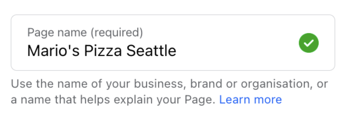 "Mario’s Pizza Seattle" entered under "Page name" field