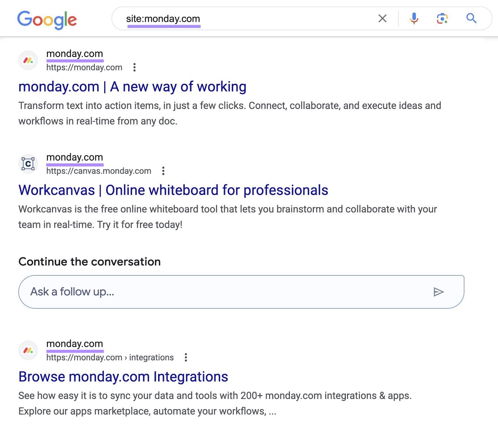 Google's SERP for "site:monday.com" site search