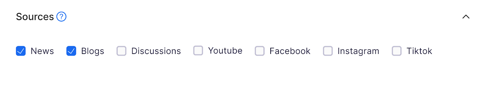 Sources selection showing 'News ' and 'Blogs' checked
