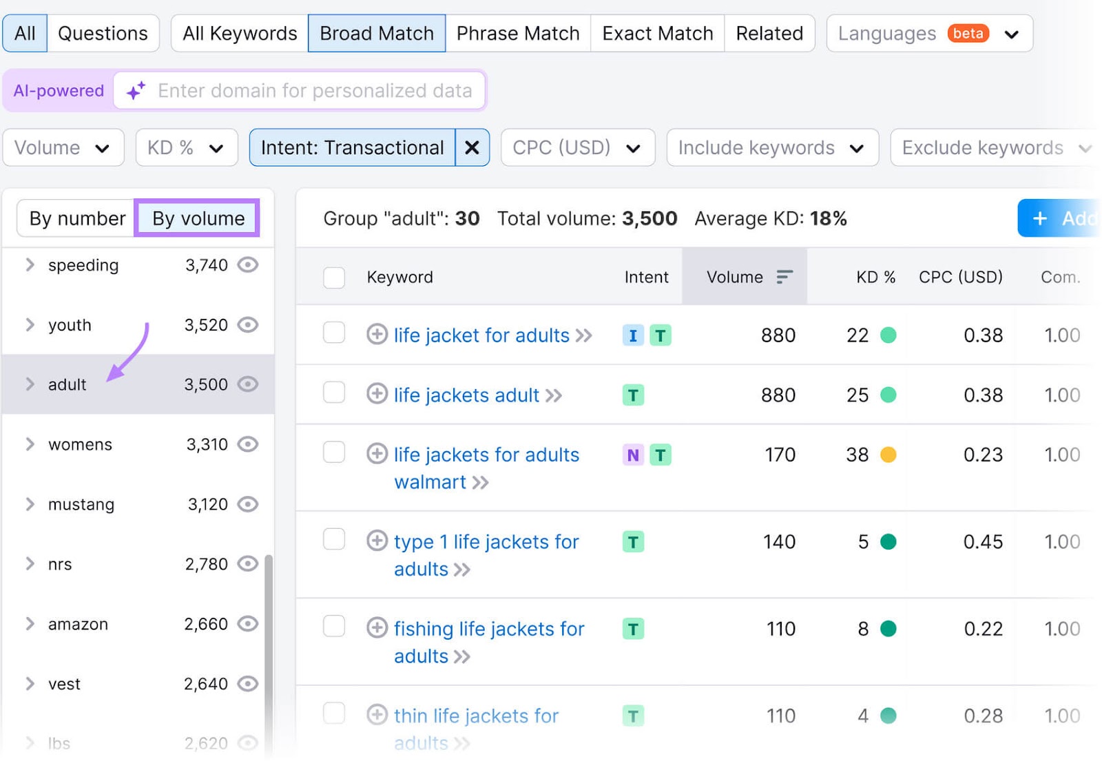 Keyword Magic Tool focusing connected  the keyword groups sorted by volume, and the radical  "adult."