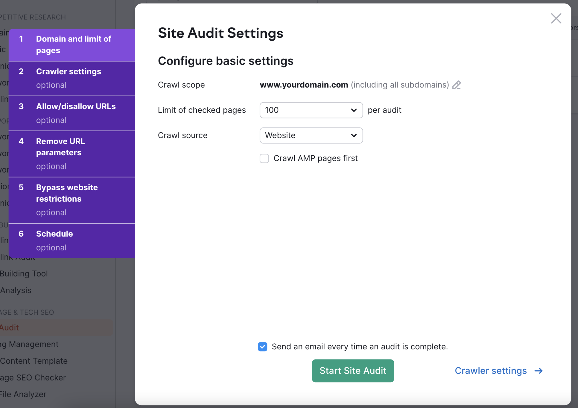 site audit settings window