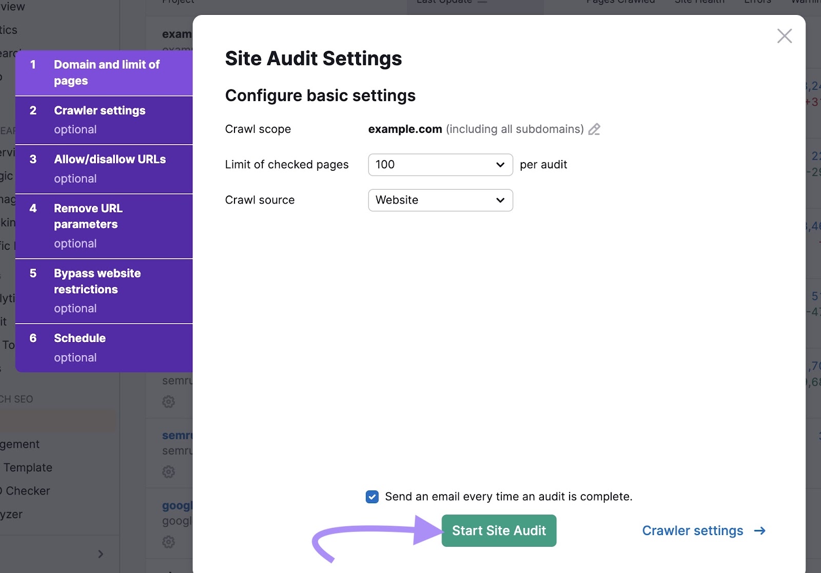 "Start Site Audit" button at the bottom of Site Audit Settings window
