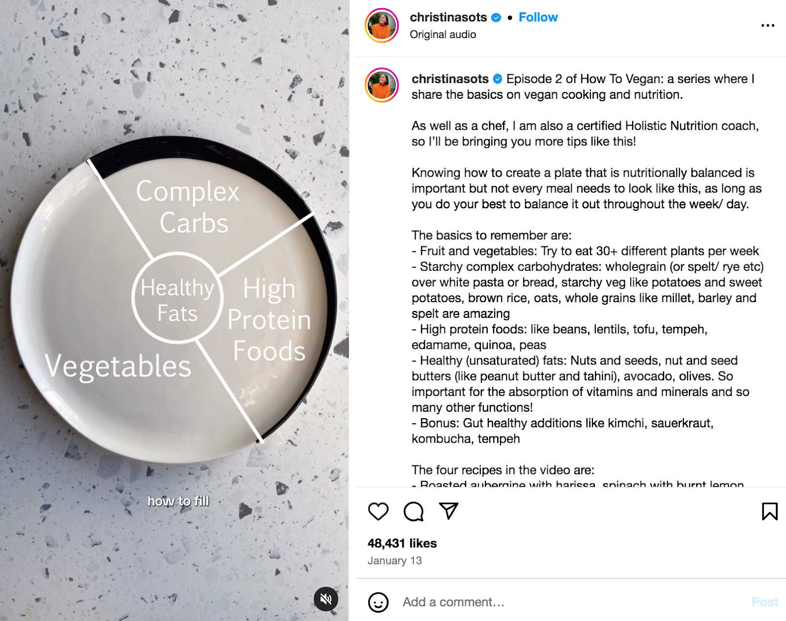 Instagram reel showing a sheet  divided successful  antithetic  compartments explaining however  to devour   balanced meals connected  a vegan diet.