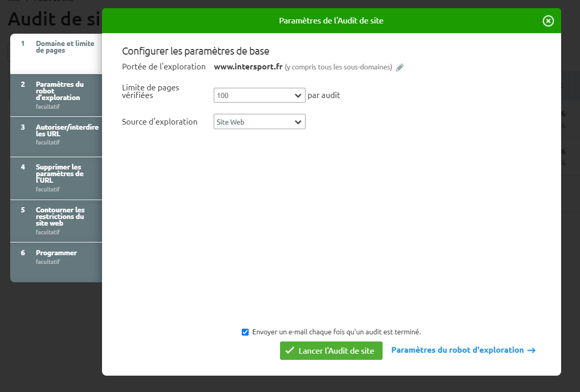 Semrush Audit de site configuration