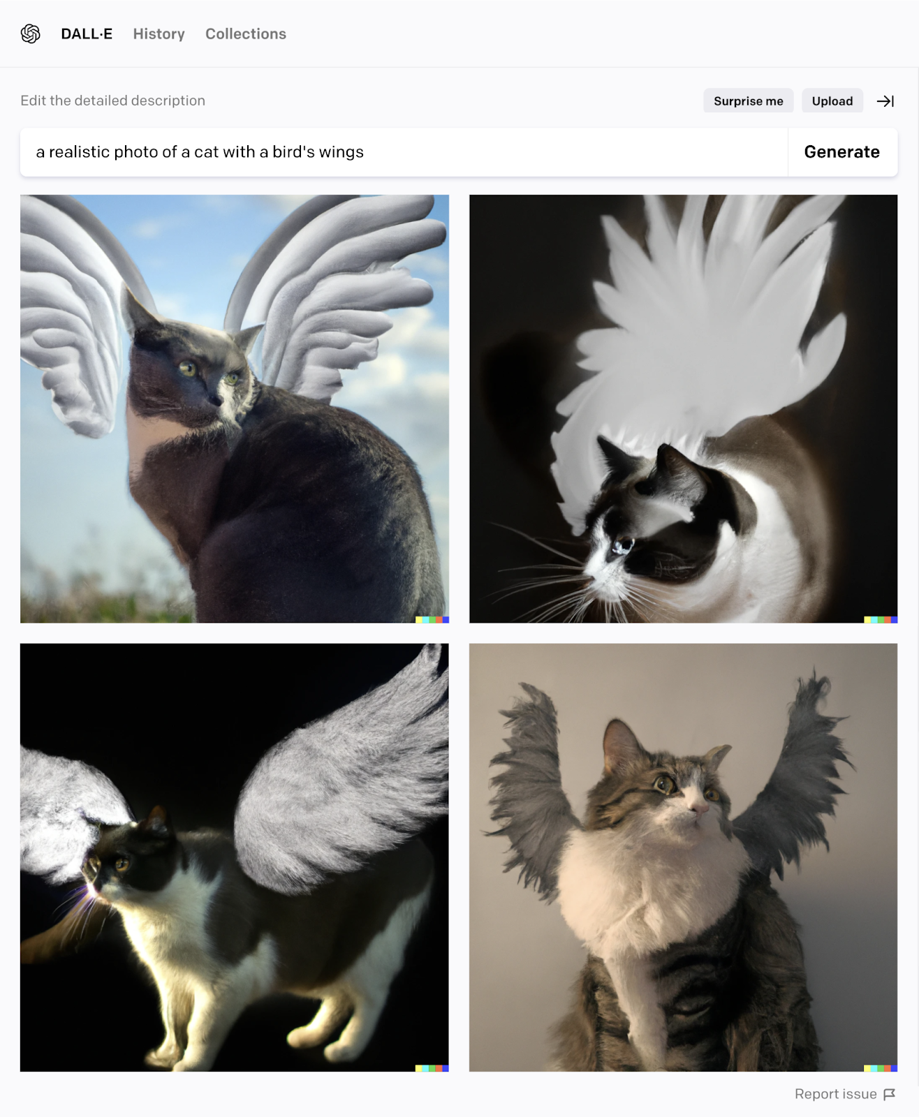 DALL-E results for “A realistic photo of a cat with a bird’s wings” prompt