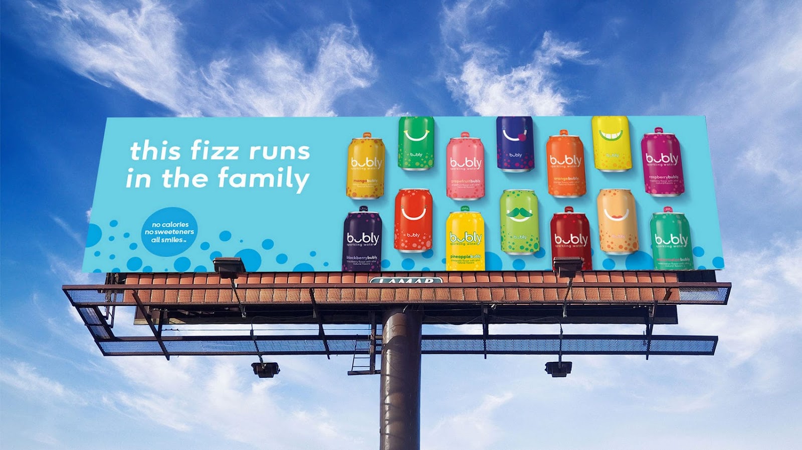 Billboard advertizing  sparkling h2o  with the slogan "this fizz runs successful  the family" and images of colorful cans.