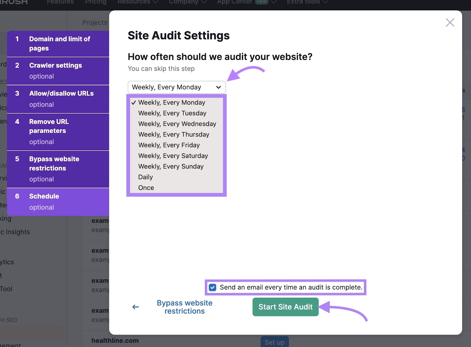 Scheduling options on Site Audit settings include daily, weekly, or once.